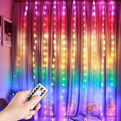 Luci per Tende a LED, DazSpirit Colorato Tenda luminosa Luci Cascata per Finestra, 2M x 1,5M 210LEDs USB 8 Modalità e Resistenza all'acqua - Per Esterni, Interni, Natale, Camera da Letto, Soffitto