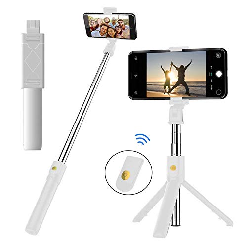 EasyULT Bastone Selfie Treppiede, 3 in 1 Estensibile Portatile Selfie Stick, Rotazione con Telecomando Wireless Rimovibile Bluetooth per iPhone/Huawei e Altri Android e iOS 4.7-6 Pollici-Bianco