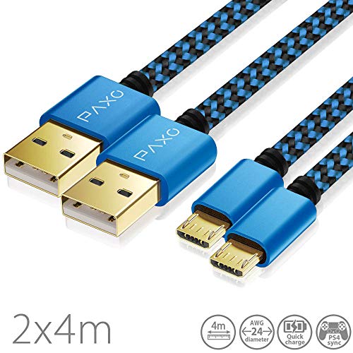 2x 4m cavo di ricarica in Nylon PS4 per Playstation 4 Controller, cavo Micro USB, cavo di ricarica Micro USB, Micro USB, guaina in tessuto, spina in alluminio, blu-nero