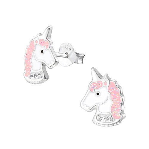 Laimons Orecchini per bambina, a forma di unicorno, rosa con glitter, in argento Sterling 925