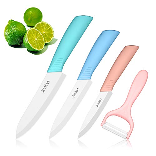 Jeslon Set di coltelli in ceramica, 3 Coltelli Ceramica e 1 Pelapatate (6'' Coltello da Cucina, 5'' Coltello Multiuso, 4'' Coltello da Frutta) affilato e leggero per Cucinare Verdure