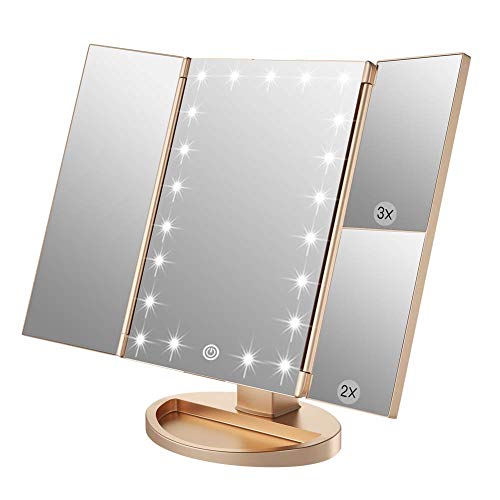 WEILY Specchio Trucco Illuminato, 21 LED e ingrandimento 1X / 2X / 3X, Interruttore a sfioramento per la Regolazione della luminosità, modalità Doppia Alimentazione Specchio Triplo (Oro)