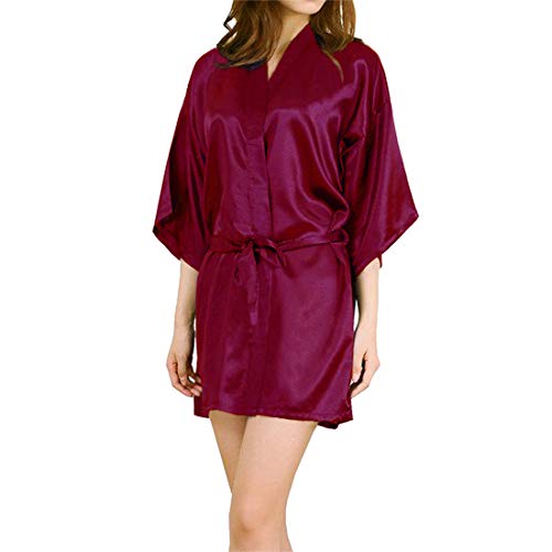 Sidiou Group Vestaglia Kimono Donna Elegante Pigiama Vestaglia Raso Corta Camicie da Notte per Donna Accappatoio Biancheria da Notte Abito da Notte Indumenti da Notte (XL, Stile 2-Vino Rosso)