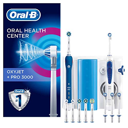 Oral-B PRO 3000 Kit per L’Igiene Orale Spazzolino Elettrico e Idropulsore Oxyjet con 4 Testine Oxyjet e 6 Testine di Ricambio per Spazzolino, Bianco / Blu