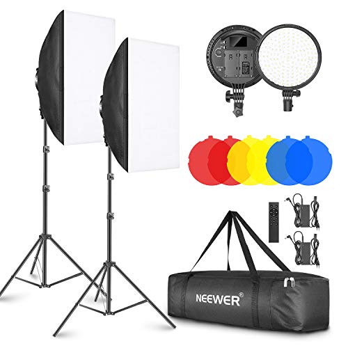 Neewer 2 Kit di Illuminazione a LED: 51,1x71cm Softbox, 3200-5600K 48W Lampadina LED Dimmerabile con 2,4G Telecomando, Cavalletto, Filtri Rosso/Giallo/Blu per Fotografia al Chiuso