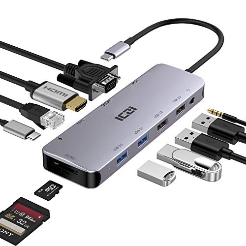 ICZI Hub USB C 11 in 1 Adattatore HDMI 4K VGA PD 100W Ethernet 1000Mbps SD/TF Audio/Mic 4 USB 3.0/2.0 per MacBook PRO/Air iMac Surface Go/Pro7/Pro X Chromebook XPS Samsung Huawei e Altri Dispositivi