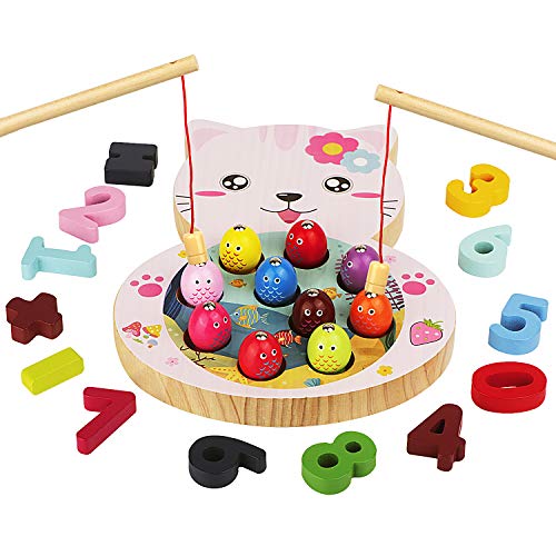 mysunny Giochi in Legno Pesca per Bambini, Gioco Montessori educativi Magnetica, Giocattoli per l'apprendimento del conteggio Digitale per 3 4 5 6 Anni Bimbi Bimba (2 in 1 Gatto)