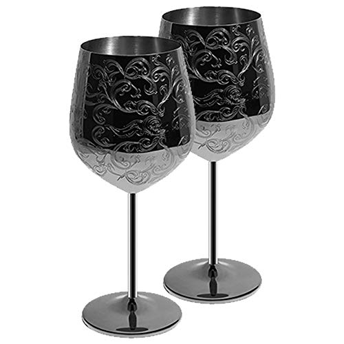 Bicchieri da Vino SKYFISH in Acciaio Inossidabile con placcatura Nera, incisi con Intricate e autentiche incisioni barocche, calici da Vino in Stile Reale, Set di 2 (17oz)