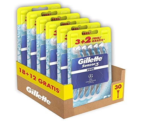 Gillette Sensor3 Cool 30 Rasoi Usa e Getta, Maxi Formato da 18 + 12 Pezzi