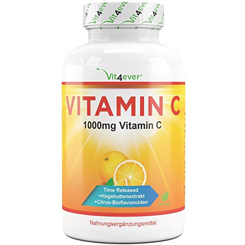 Vitamina C 1000mg - 365 compresse in un anno di fornitura - Effetto Rilasciato nel Tempo - Vitamina C + Estratto di Rosa Canina + Bioflavonoidi di Agrumi - Vegan - Altamente Dosato