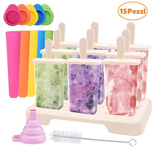 Icnow Stampi Ghiaccioli, 9 Stampi per Gelato con 5 Stampi in Silicone,con Spazzola e Imbuto,FDA e BPA Gratis,Riutilizzabili Stampi Kit DIY per Ghiaccioli,Gelati,Sorbetti (16 Pezzi)