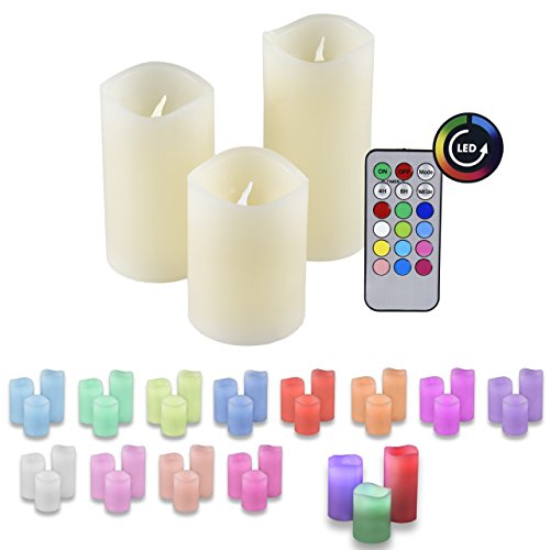 Set da 3 candele in vera cera, colori cangianti RGB, con telecomando e timer