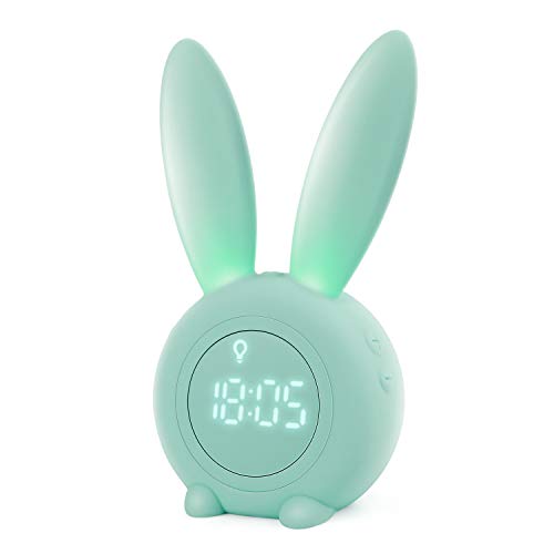 Homealexa Sveglia Bambini da Comodino Sveglia a Forma di Coniglio con Luce Notturna Funzione Snooze Timer Lampada Orologio da Tavolo Sveglia Ricaricabile Senza Fili (Verde)