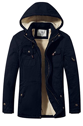 WenVen Cappotto Militare Invernale Caldo Parka con Cappuccio Staccabile Antivento Giacca Media Lunga in Pile Giubbotto da Lavoro Classico Uomo Blu Scuro XL