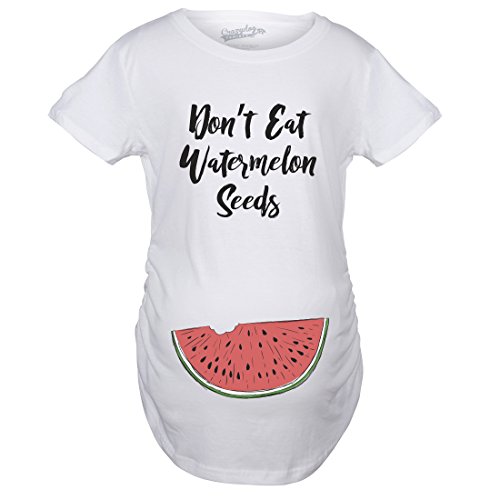 Crazy Dog Tshirts - Maternity Don't Eat Watermelon Seeds T Shirt Funny Pregnancy Reveal Pregnant Tee (White) - L - Divertente Magliette di maternità
