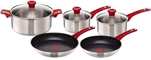 Tefal H801S5 Jamie Oliver Mainstream Set padelle e pentole, 5 Pezzi, Rivestimento Antiaderente, Starter Set, Acciaio Inossidabile, Rosso.