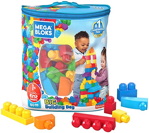 MEGA-Big Building Bag bloks Sacca Ecologica, 80 Pezzi, Blocchi da Costruzione, Giocattolo per Bambini 1+ Anni, Colore Blu, DCH63