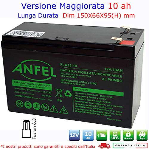 ANFEL Batteria ERMETICA al Piombo 12 V 10 AH Ricaricabile, ups, 150 X 66 X 95
