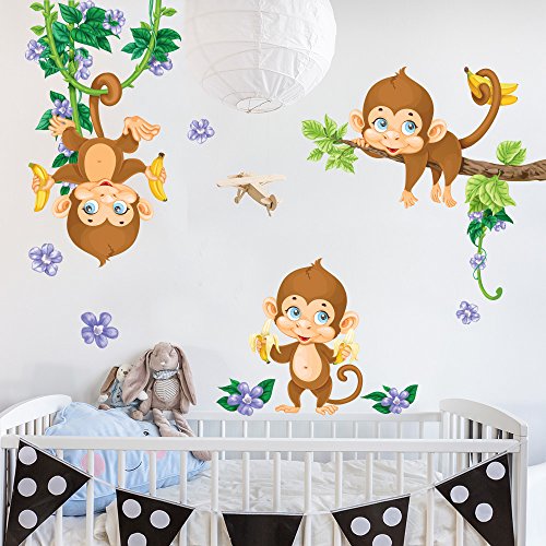 kina R00385 Adesivo murale per bambini - Scimmiette tropicali - Misure 30x120 cm - Decorazione parete, adesivi per muro, carta da parati