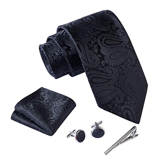 Massi Morino ® Cravatta uomo + Gemelli + Fazzoletto (Set cravatta uomo) regalo uomo con confezione regalo (Paisley nero)