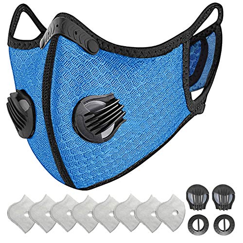 HONYAO Reusable Dust Face M Earloop Dust M, Sports Protective M with Activated Carbon Filter and Valves/for Motorcycle Cycling Running Outdoor Activities（1 Blue + 8 Additional Filters）