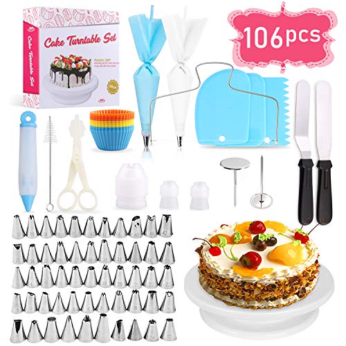 SPLAKS Decorazione Torta Set, 106pcs di Utensili da Decorazione per Torte della Pasticceria Professionale,Supporto per Giradischi Rotante, Spatola Liscia .Adatta per Cupcake, Dolci，Torta