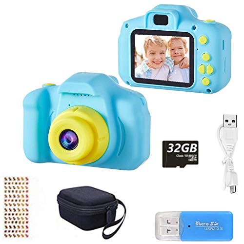 YunLone ToyZoom Fotocamera Bambini1080P Macchina Fotografica per Bambini Digitale Portatile Mini DV Videocamera per Bambine 2 Pollici IPS, Scheda 32 GB,Custodia Inclusa – Blu