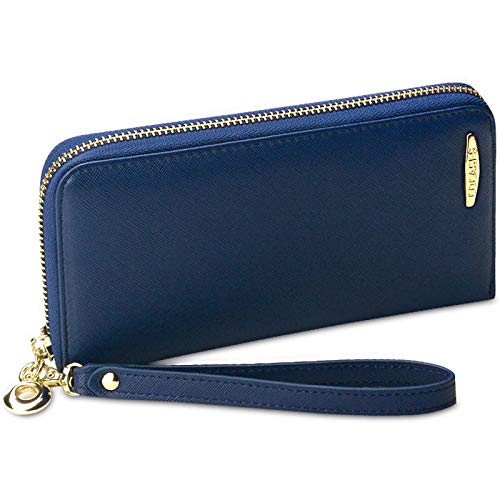 Portafoglio Donna, PU pelle con zip/cerniera di grande capacità, COCASES Clutch Pochette con cinturino per polso (Blu)