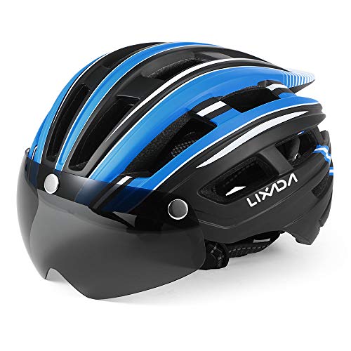 Lixada Mountain Bike Helmet Casco da Motociclismo con Luce Posteriore Staccabile Visiera Magnetica UV Protettiva (Blu Bianco)