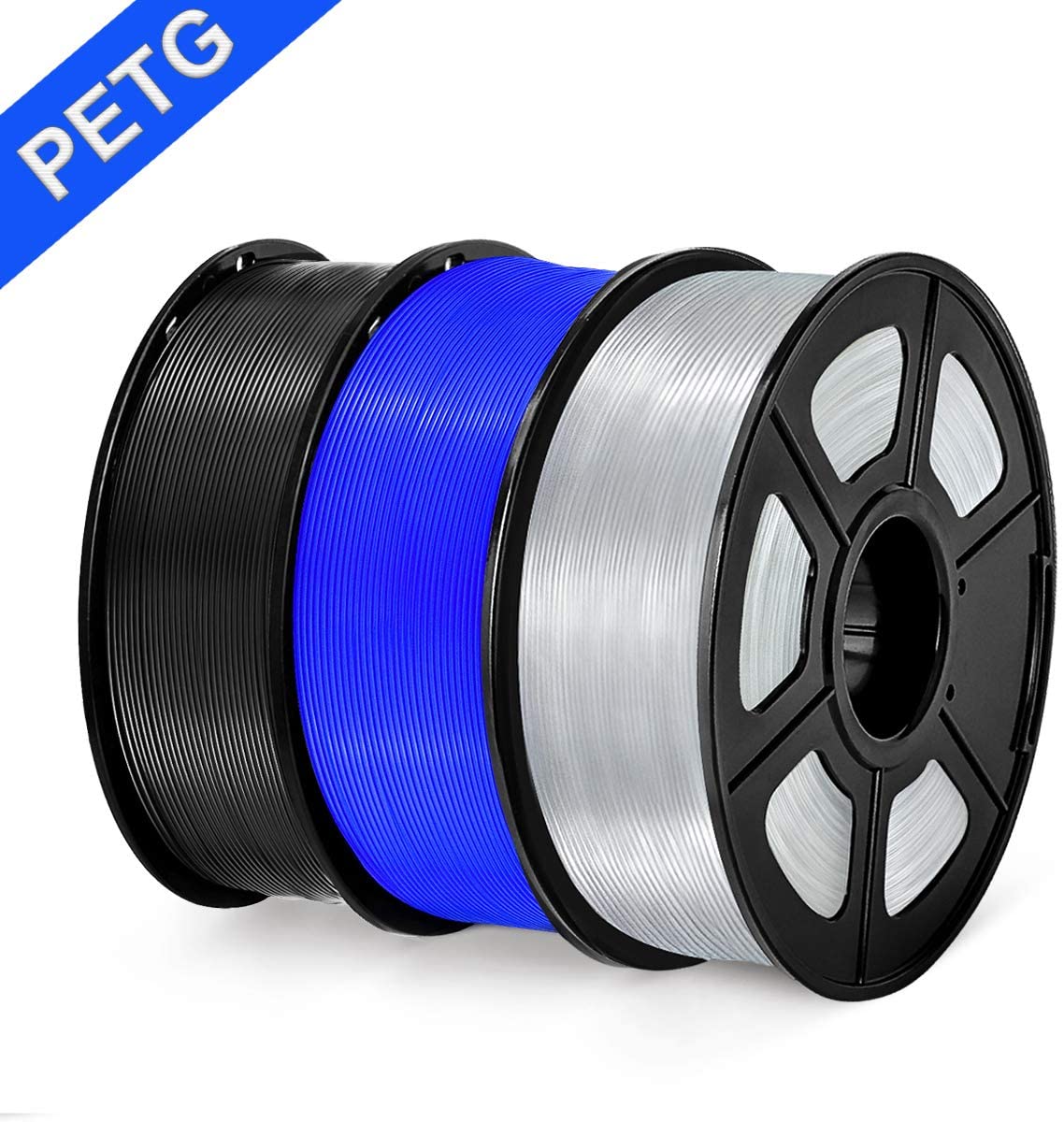 PETG 3D Printer Filament, SUNLU PETG Filament 1.75mm Dimensional Accuracy +/- 0.02 mm, 1 kg Spool, PETG Black + Blue + Transparent