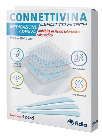 Connettivina Cerotto Hi Tech | Formato 10x10 cm | Medicazione Adesiva Imbibita Di Acido Ialuronico Sale Sodico