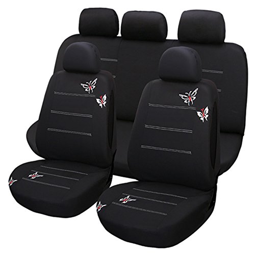 Set Completo di Coprisedili per Auto Macchina Seat Cover Universali Protezione per Sedile di Poliestere (ricamo farfalla) - Set Completo di 9