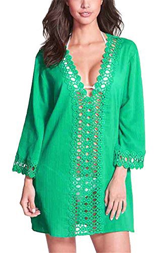 Chiffon Copricostume da Bagno Donna Scollo a V Sexy Camicetta Bikini Cover Up Manica Lunga Taglia Unica per Spiaggia Piscina Mare Estate Vacanza (4-Verde)