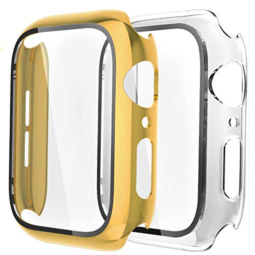 Fengyiyuda Cover[2-Pezzi]Compatibile con Apple Watch Custodia 38/40/42/44mm con Anti-Bubble TPU Pellicola Protettiva,360 Rugged Case per IWatch Series se/6/5/4/3/2/1-Yellow Gold/Clear