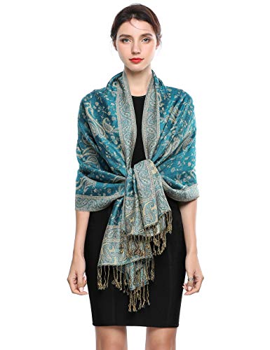 EASE LEAP Sciarpa Pashmina per donna scialle avvolgente caldo di lusso con sensazione di seta Hijab Paisley in colori ricchi con frange 200 * 70cm/(20-Blu pavone chiaro)