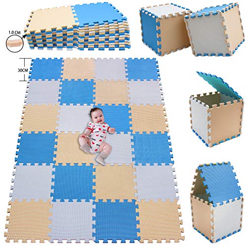 MSHEN 24 Foglio Tappeto Puzzle con Certificato CE e Certificazione in Soffice Schiuma Eva | Tappeto da Gioco per Bambini | Tappetino Puzzle...dimensione1.94 mq,bianco-blu-beige-AGJg24