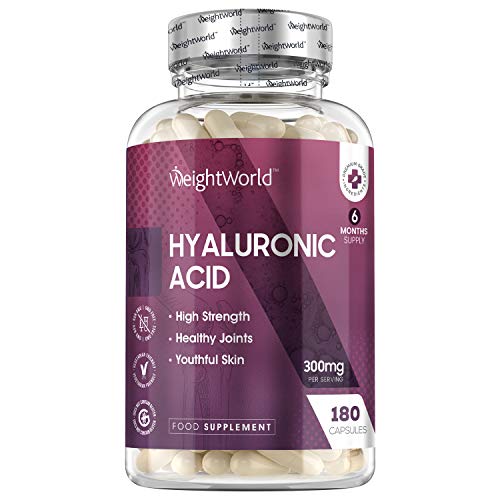 Acido Ialuronico Puro 300mg ad Alto Dosaggio, 180 Capsule Vegan (Scorta di 6 Mesi) - Pelle, Capelli, Articolazioni, Occhi - Uomo Donna - Idratante Naturale - Acido Ialuronico compresse di WeightWorld