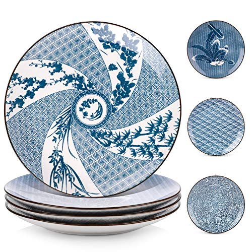 Y YHY - Set di 4 piatti da portata in porcellana, 25 cm, motivi assortiti, colore: blu e bianco