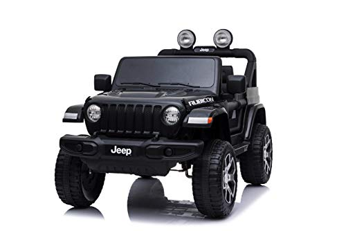 Babycar Jeep ® Wrangler Rubicon 2 Posti 12 Volt con Sedile in Pelle Macchina Elettrica Jeep per Bambini Porte apribili con Telecomando 2.4 GHz Soft Start Full Optional (Nera) (Nero)