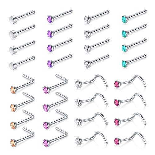 Mayhoop Piercing Naso Borchie al Naso 20G Acciaio Chirurgico con CZ Anelli Naso Stud Donna Uomo Ragazza Piercing Gioielli 32 Pezzi