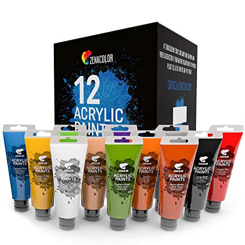 Zenacolor Kit di 12 Colori Acrilici, 12 Tubetti da 120 ml, 12 Colori Tempere per Dipingere, per Legno, Bricolage, per Adulti e Bambini.