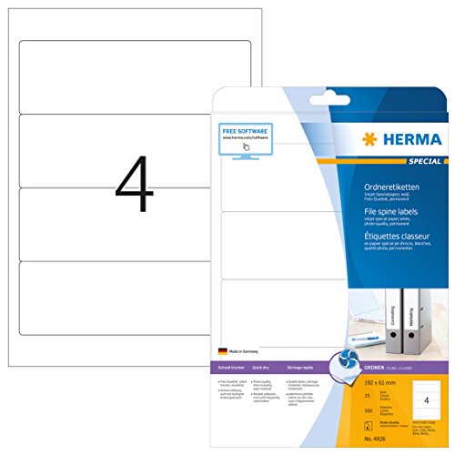 HERMA Etichette per Raccoglitori, 192 x 61 mm, Etichette Adesive A4 per Stampante, 4 Etichette per Foglio, Bianco