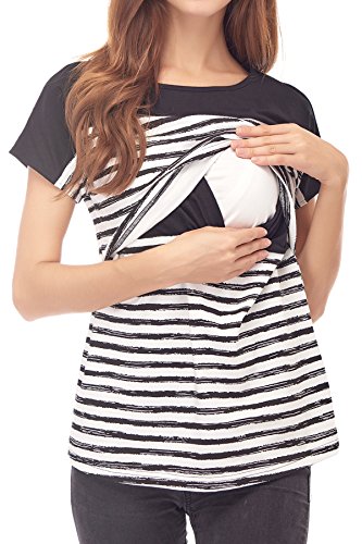 Smallshow Maglietta Premaman a Maniche Corte T-Shirt maternità Top Allattamento al Seno Maglietta a Righe Gravidanza in Cotone Black L