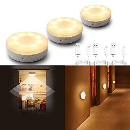 luce notturna con sensore movimento,ricaricabile USB Illuminazione armadio, luce alimentata a batteria con rilevatore di movimento Per ingresso, camera da letto, armadio, armadio Bianco caldo 3 pezzi