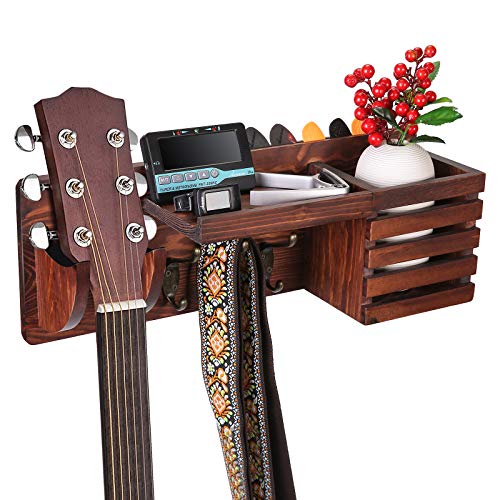 Asmuse Supporto Multifunzionale per Chitarra Basso Ukulele, con Porta Oggetti, Porta Plettri, 3 Ganci, Vano Portaoggetti, Marrone