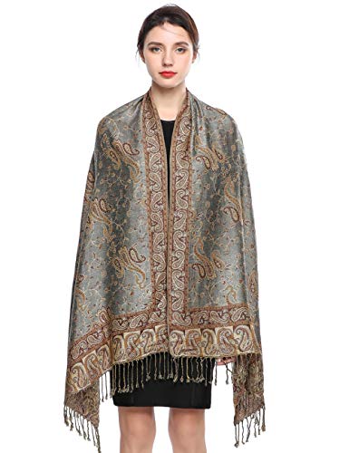 EASE LEAP Sciarpa Pashmina per donna scialle avvolgente caldo di lusso con sensazione di seta Hijab Paisley in colori ricchi con frange 200 * 70cm/(4-Grigio oro)