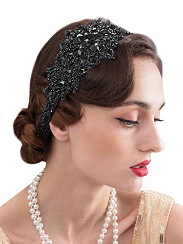 SWEETV - Fascia elastica per capelli con strass neri anni '20, accessorio per capelli Gatsby da donna