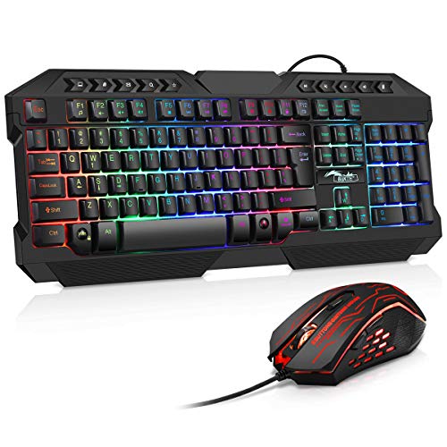 BAKTH Tastiera e Mouse da Gioco, Colore da Arcobaleno LED Retroilluminato Cablata USB Gaming Tastiera e Mouse per PC Videogiochi Gamer o Lavoro