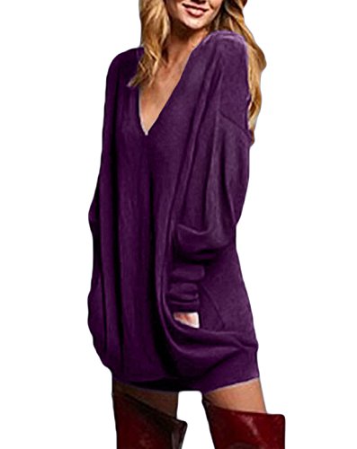 ZANZEA Donna Maglia Manica Lunga Taglie Forti Scollo V Sexy Vestito Maglione Camicetta Pullover Lungo Viola* S