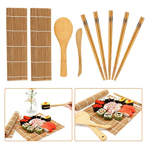 Kit per fare sushi in bambù, 9 pezzi, tappetino per arrotolare il sushi, include 2 tappetini in bambù, 5 paia di bacchette, 1 spatola per riso, 1 spatola per riso